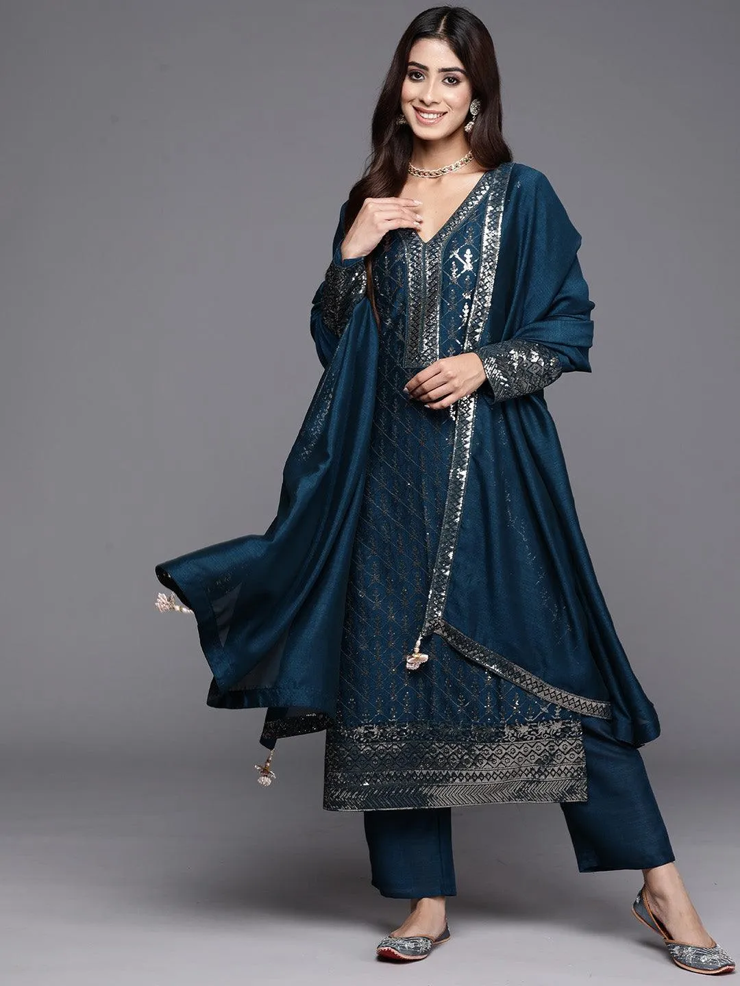 Teal Embroidered Silk Blend Straight Suit With Dupatta