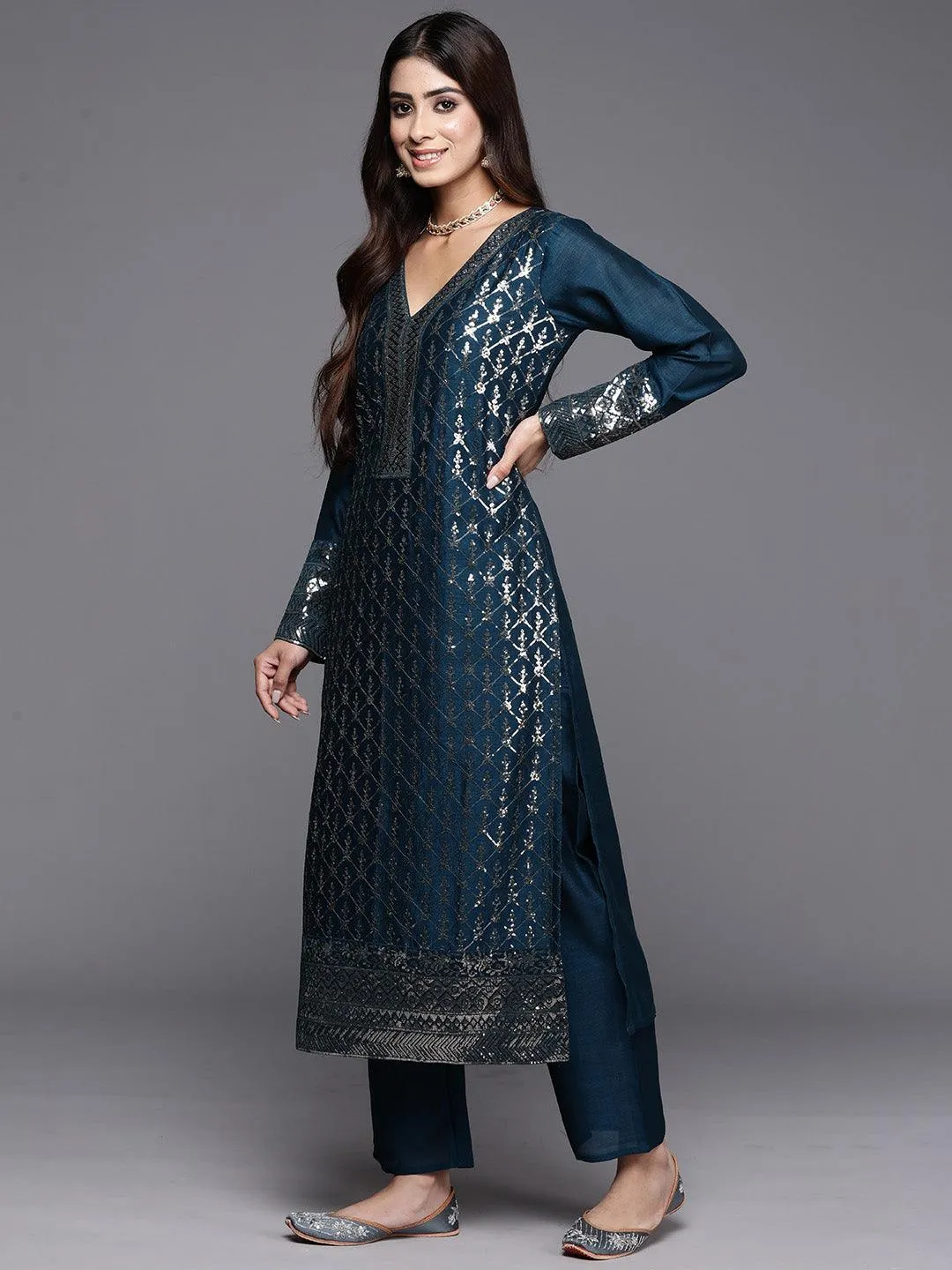 Teal Embroidered Silk Blend Straight Suit With Dupatta