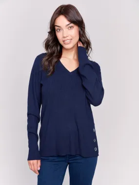 V-Neck Sweater with Grommet Detail - Navy