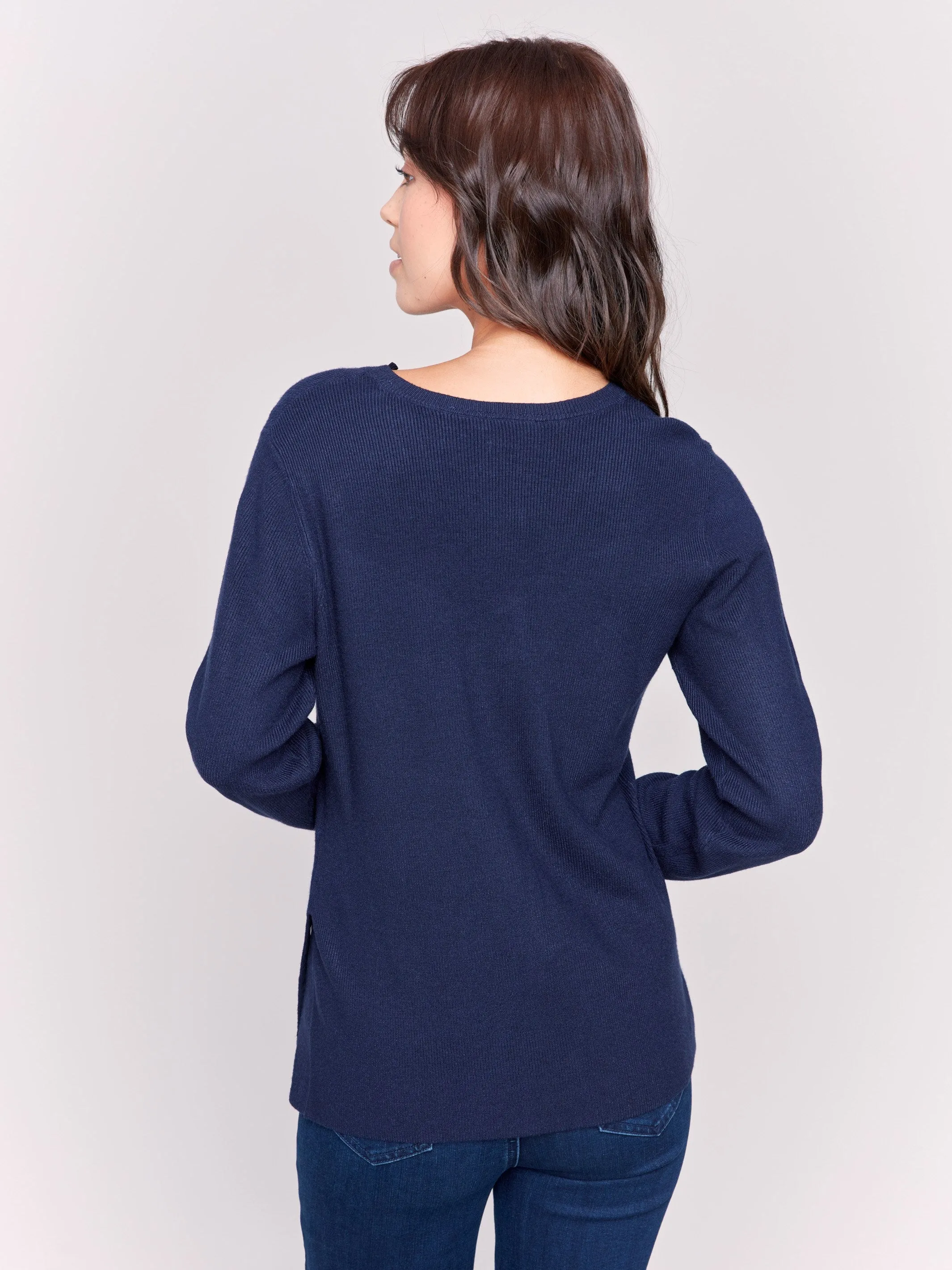 V-Neck Sweater with Grommet Detail - Navy