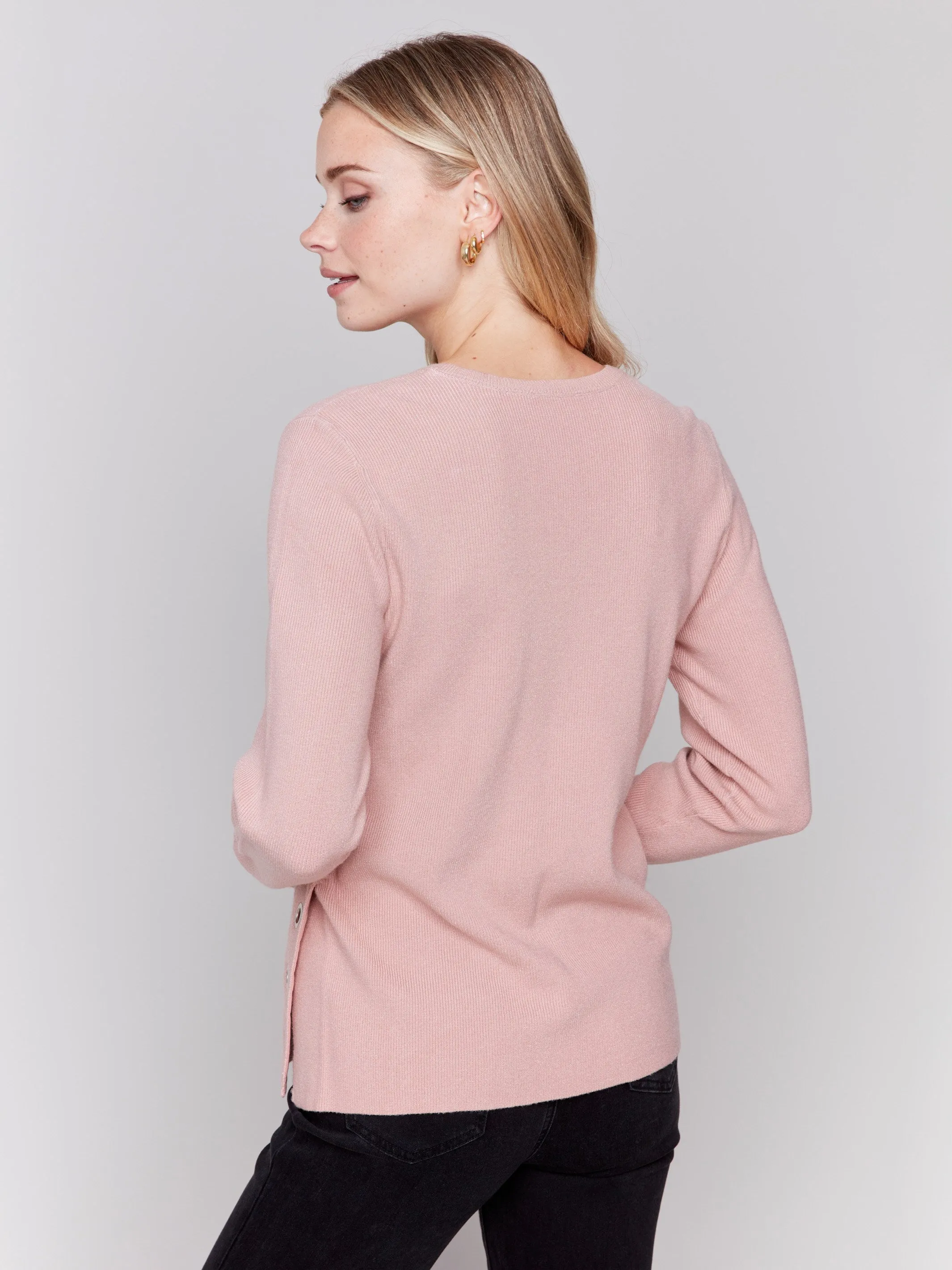 V-Neck Sweater with Grommet Detail - Woodrose