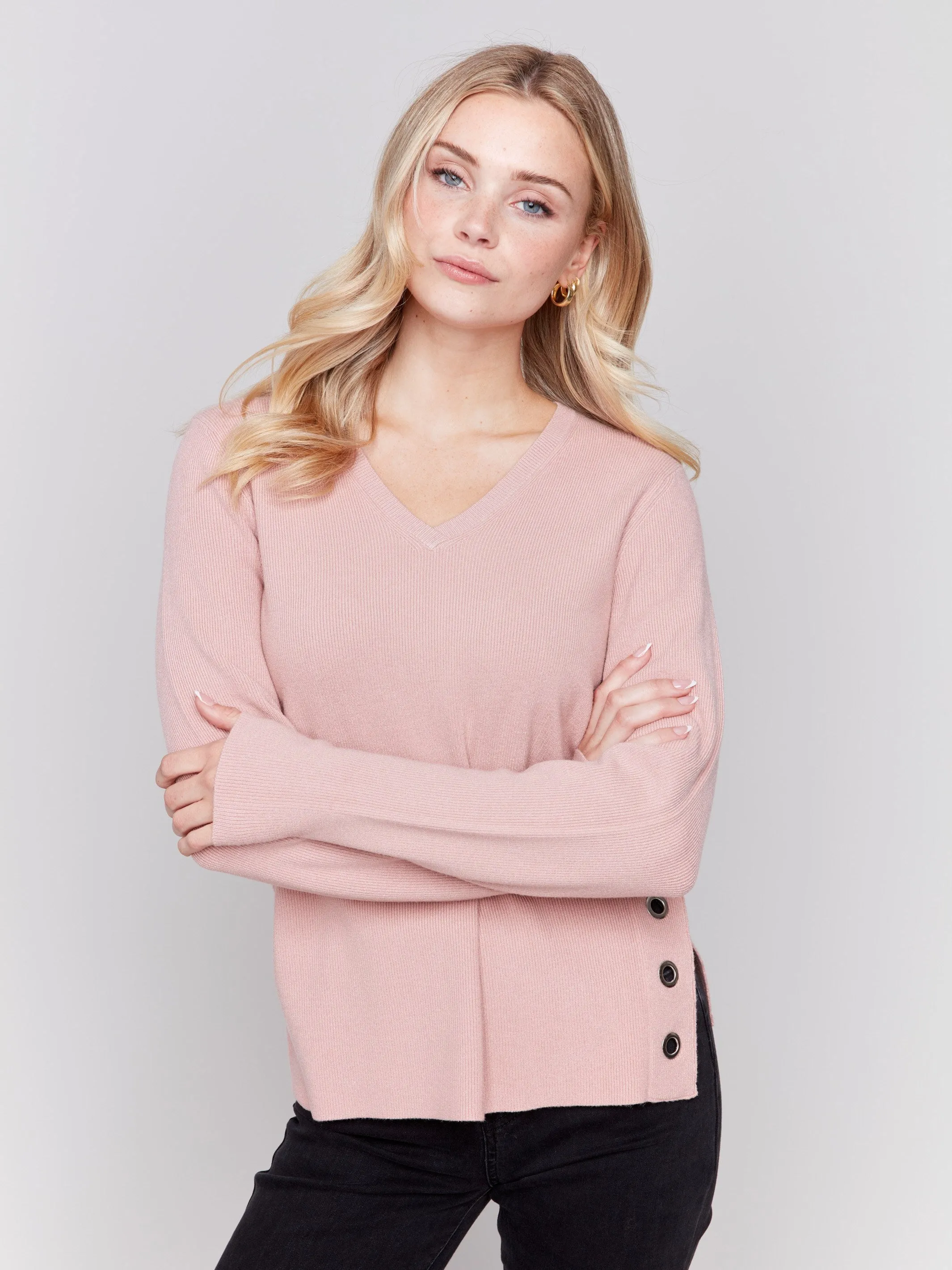 V-Neck Sweater with Grommet Detail - Woodrose