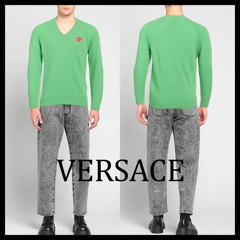 VERSACE  |Pullovers Unisex Cashmere Street Style V-Neck Long Sleeves