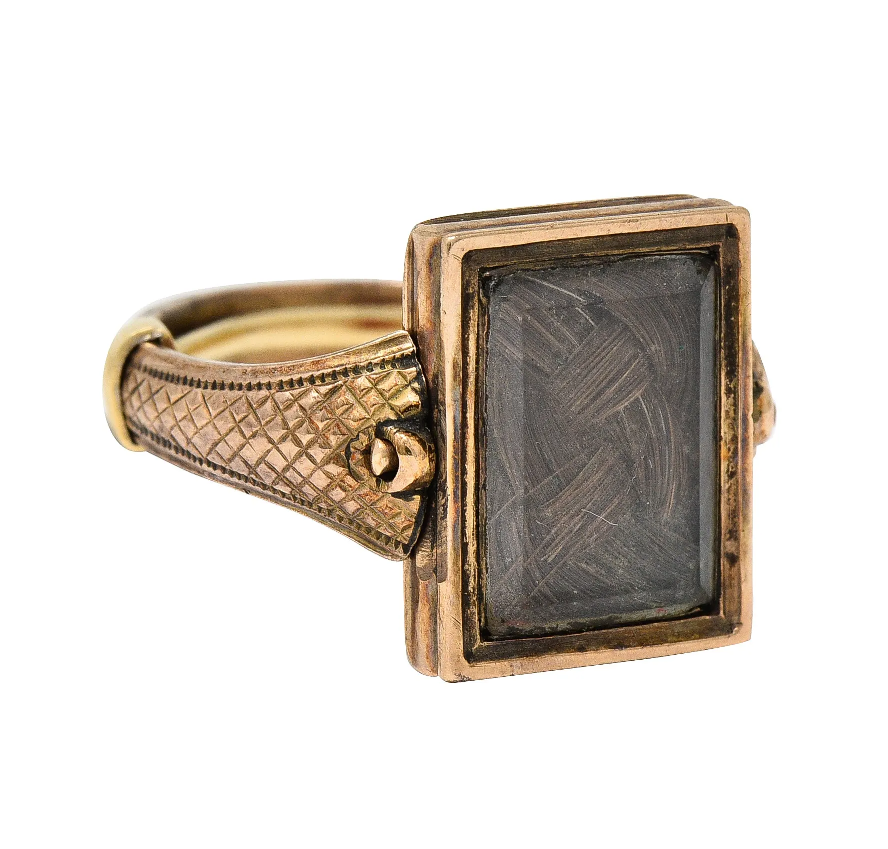 Victorian Mourning Quartz Braided Hair 14 Karat Gold Cross Antique Flip Ring