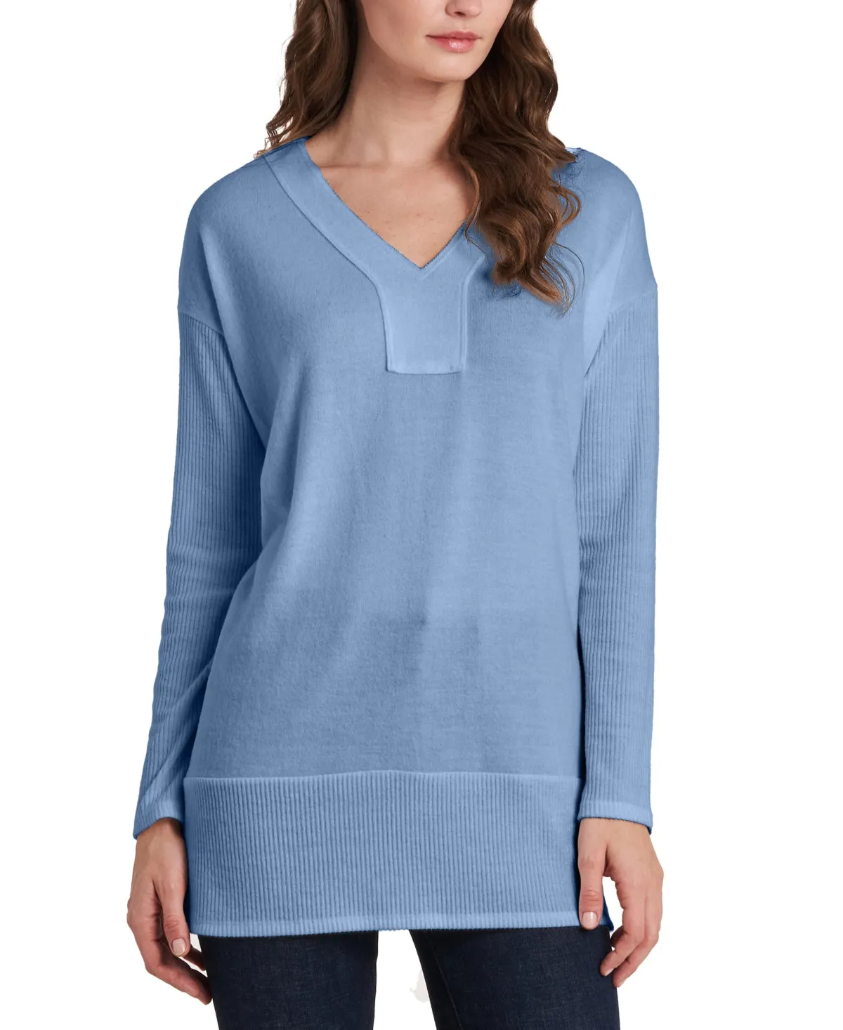 Vince Camuto Women's Drop Shoulder Cozy V Neck Knit Top Blue Size Large