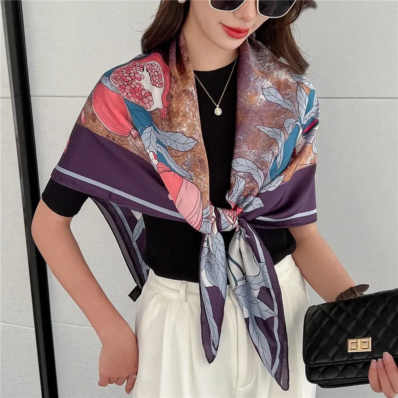 Women's Large 110cm Casual Printed Pattern Silk Satin Scarf Shawls