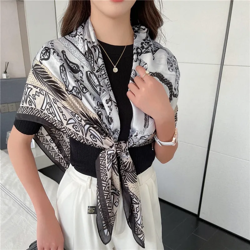 Women's Large 110cm Casual Printed Pattern Silk Satin Scarf Shawls