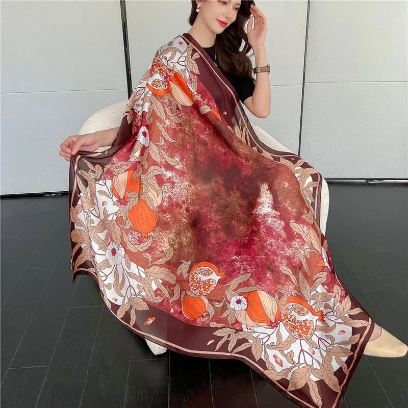 Women's Large 110cm Casual Printed Pattern Silk Satin Scarf Shawls